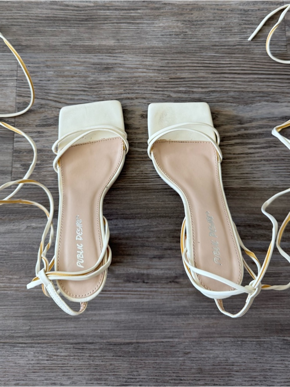 Public Desire Cream Lace-Up Square-Toe Heeled Sandals